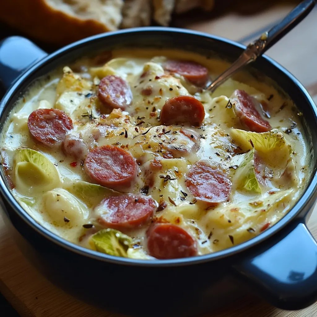 Plat réconfortant de fondue d’endives crémeuse aux saucisses fumées, servi dans une assiette avec du pain croustillant.