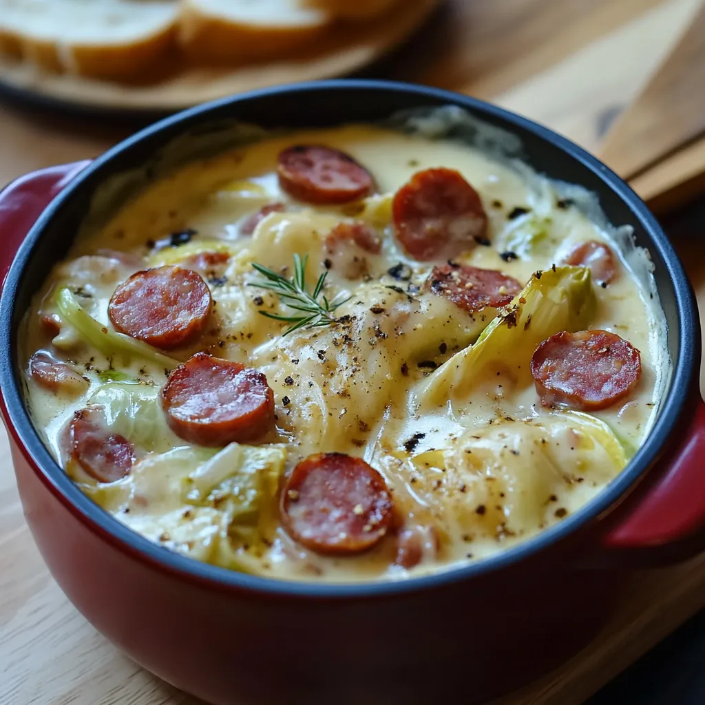 Plat réconfortant de fondue d’endives crémeuse aux saucisses fumées, servi dans une assiette avec du pain croustillant.