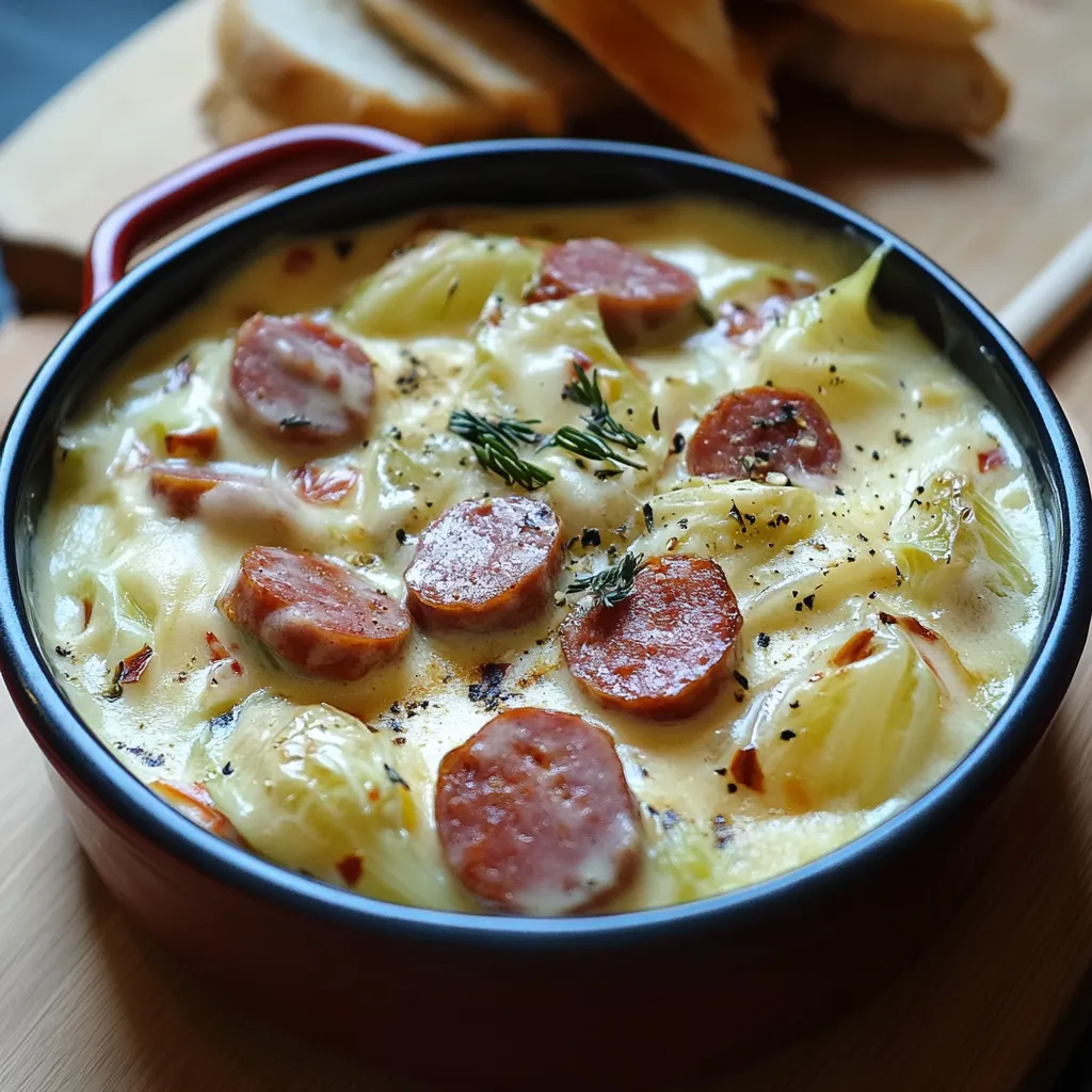Plat réconfortant de fondue d’endives crémeuse aux saucisses fumées, servi dans une assiette avec du pain croustillant.