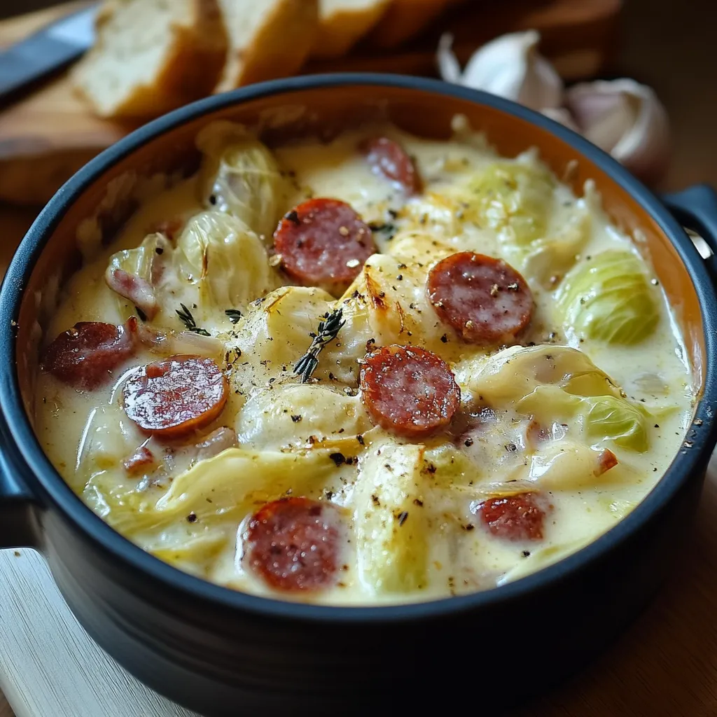 Plat réconfortant de fondue d’endives crémeuse aux saucisses fumées, servi dans une assiette avec du pain croustillant.