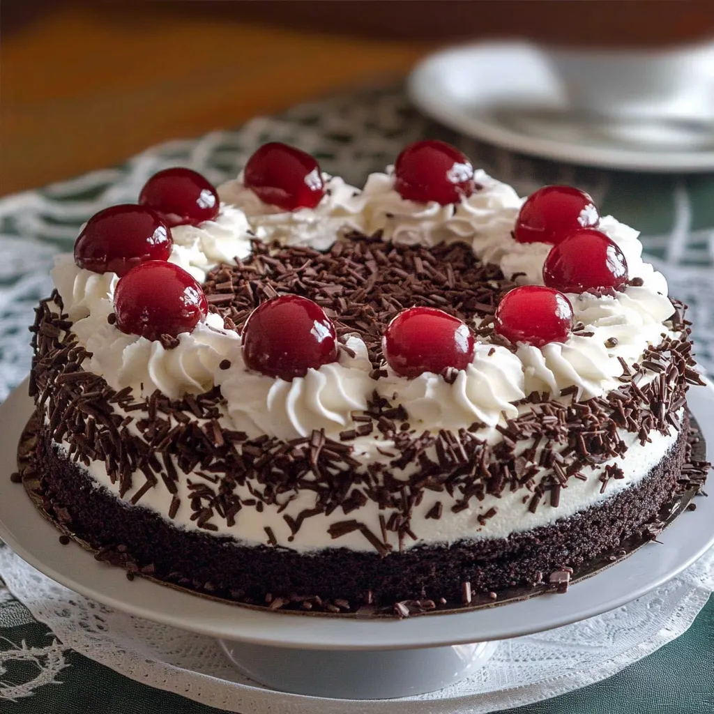 Gâteau Forêt Noire sans alcool, moelleux et gourmand, garni de chantilly et de cerises fraîches, décoré de copeaux de chocolat.
