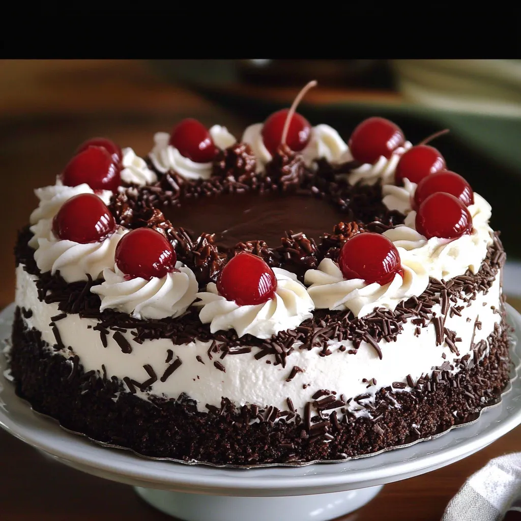 Gâteau Forêt Noire sans alcool, moelleux et gourmand, garni de chantilly et de cerises fraîches, décoré de copeaux de chocolat.