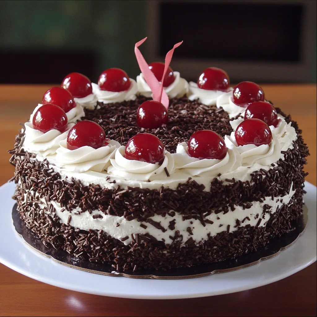 Gâteau Forêt Noire sans alcool, moelleux et gourmand, garni de chantilly et de cerises fraîches, décoré de copeaux de chocolat.