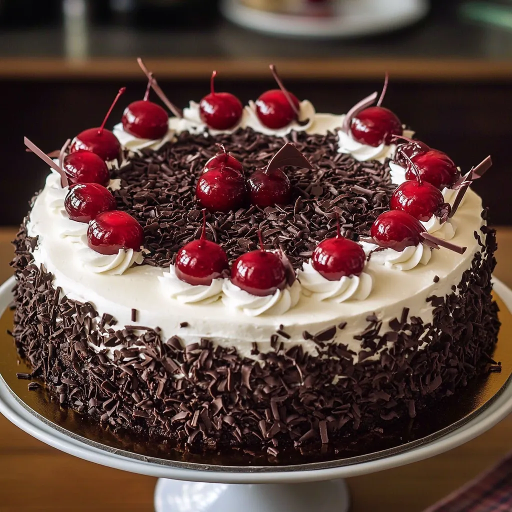 Gâteau Forêt Noire sans alcool, moelleux et gourmand, garni de chantilly et de cerises fraîches, décoré de copeaux de chocolat.
