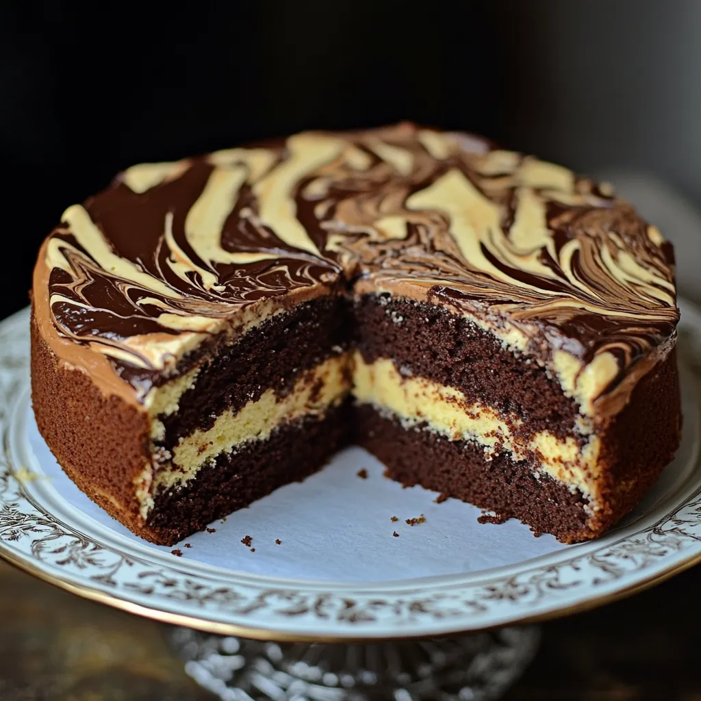 Gâteau marbré moelleux avec un effet bicolore chocolat-vanille, parfaitement cuit et prêt à être dégusté.