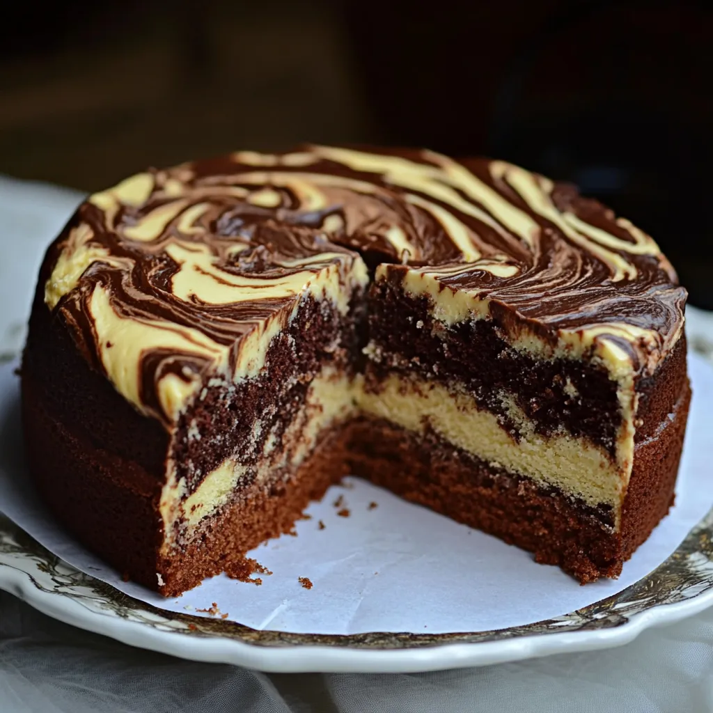Gâteau marbré moelleux avec un effet bicolore chocolat-vanille, parfaitement cuit et prêt à être dégusté.