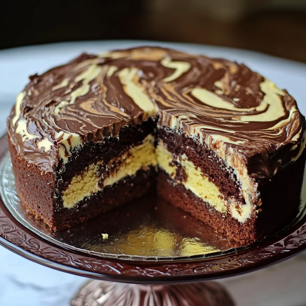 Gâteau marbré moelleux avec un effet bicolore chocolat-vanille, parfaitement cuit et prêt à être dégusté.