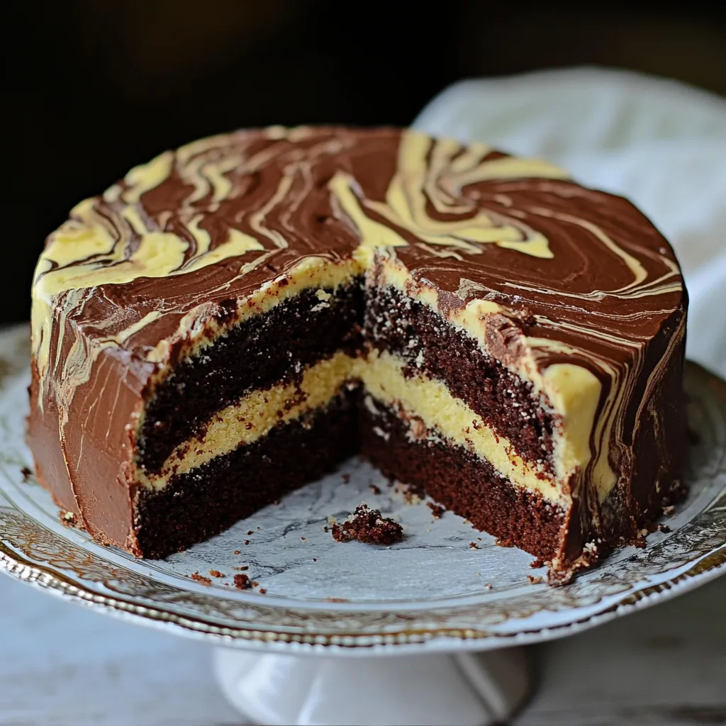 Gâteau marbré moelleux avec un effet bicolore chocolat-vanille, parfaitement cuit et prêt à être dégusté.