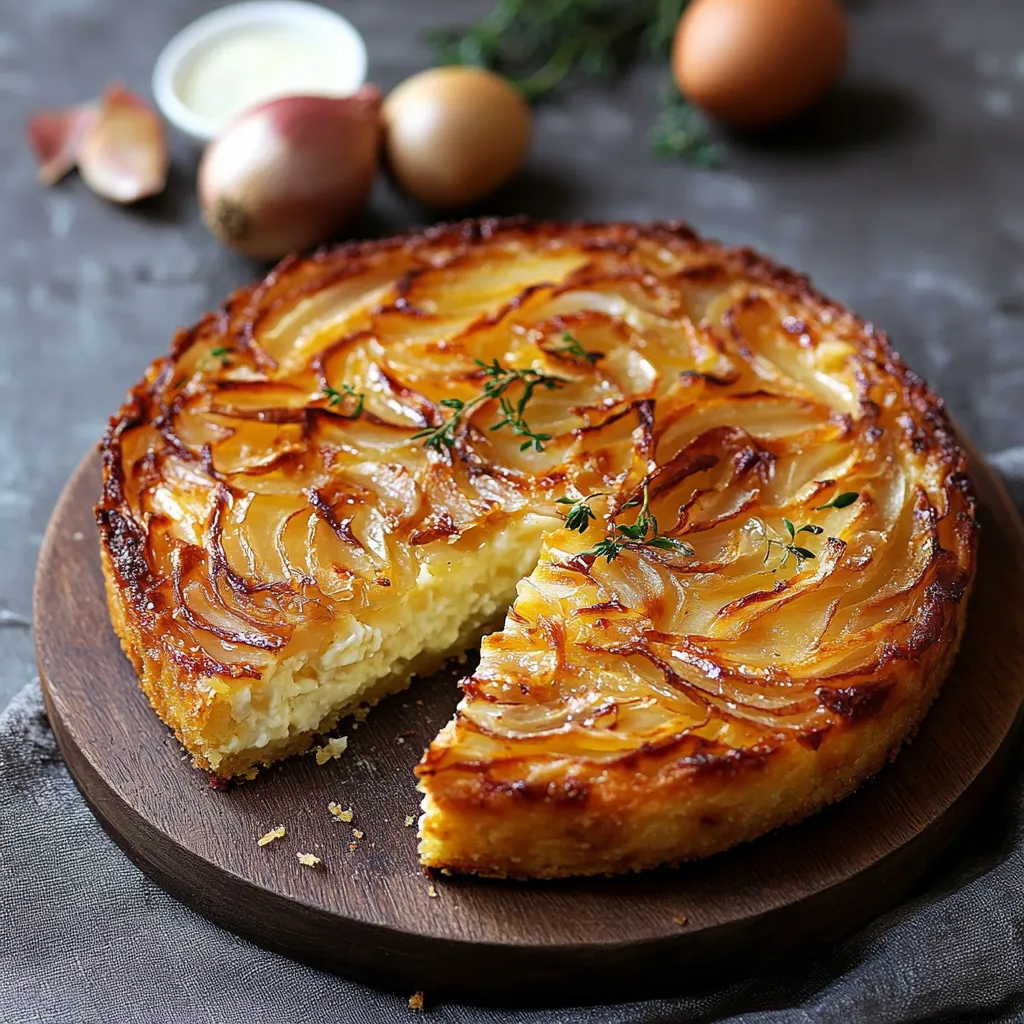 Gâteau moelleux aux oignons et fromage, doré et fondant, servi en tranches avec une salade verte pour un repas léger et savoureux.