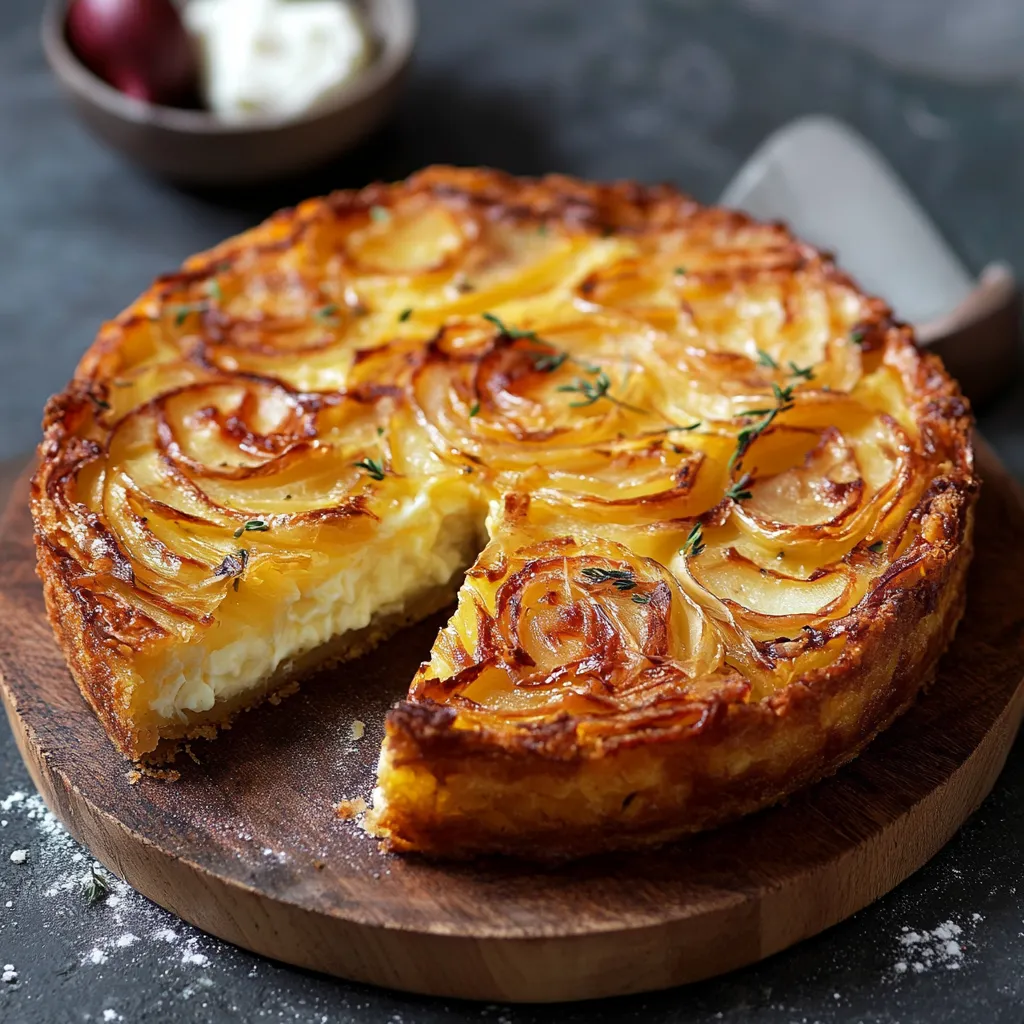 Gâteau moelleux aux oignons et fromage, doré et fondant, servi en tranches avec une salade verte pour un repas léger et savoureux.