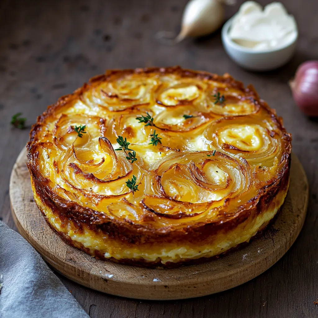 Gâteau moelleux aux oignons et fromage, doré et fondant, servi en tranches avec une salade verte pour un repas léger et savoureux.