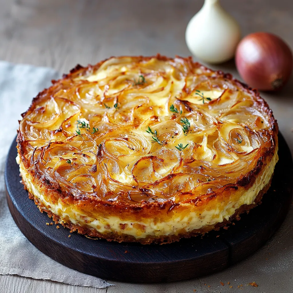 Gâteau moelleux aux oignons et fromage, doré et fondant, servi en tranches avec une salade verte pour un repas léger et savoureux.