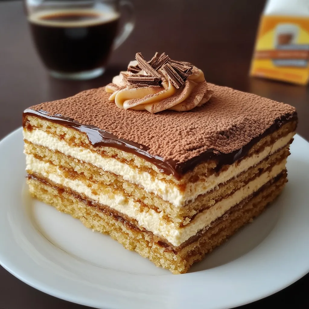 Un délicieux gâteau Petit Beurre parfum café, sans cuisson, avec des couches de biscuits imbibés et une crème au beurre légère.