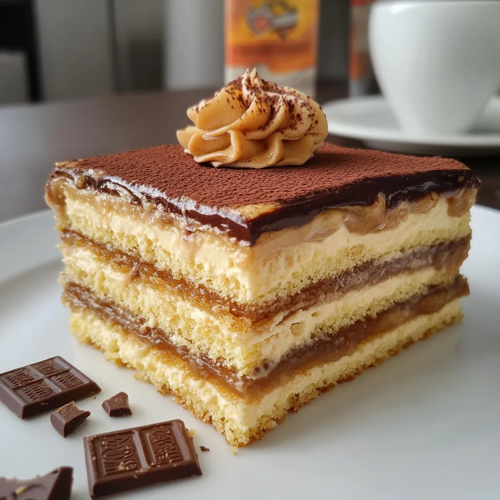 Un délicieux gâteau Petit Beurre parfum café, sans cuisson, avec des couches de biscuits imbibés et une crème au beurre légère.