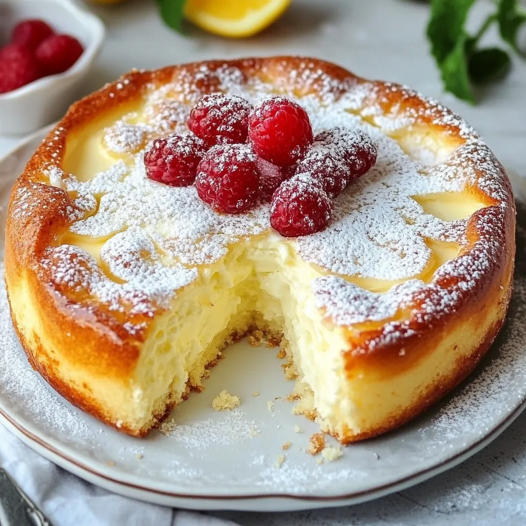 Un gâteau moelleux et doré aux 3 yaourts et 2 œufs, coupé en parts, servi sur une assiette avec une touche de sucre glace.