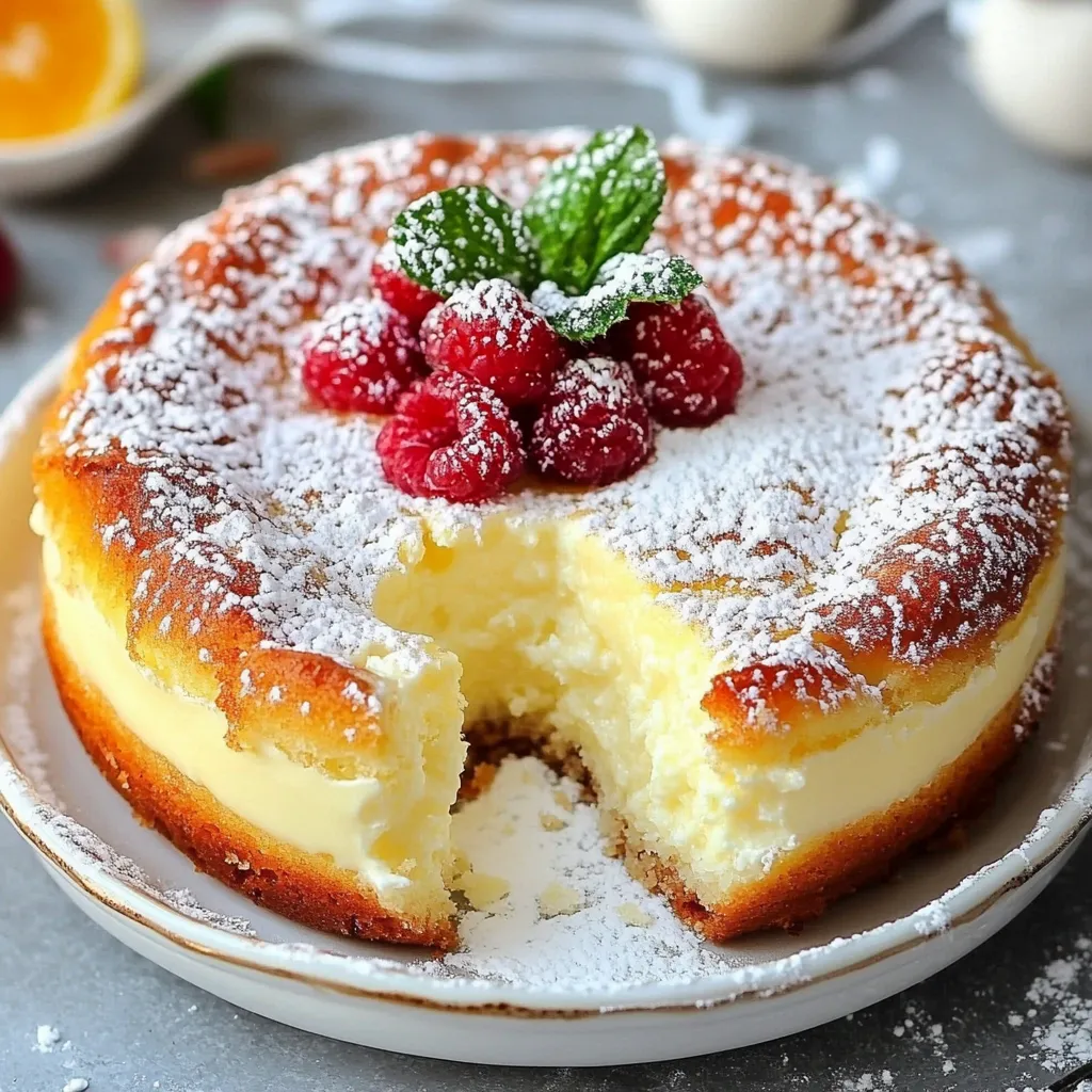 Un gâteau moelleux et doré aux 3 yaourts et 2 œufs, coupé en parts, servi sur une assiette avec une touche de sucre glace.