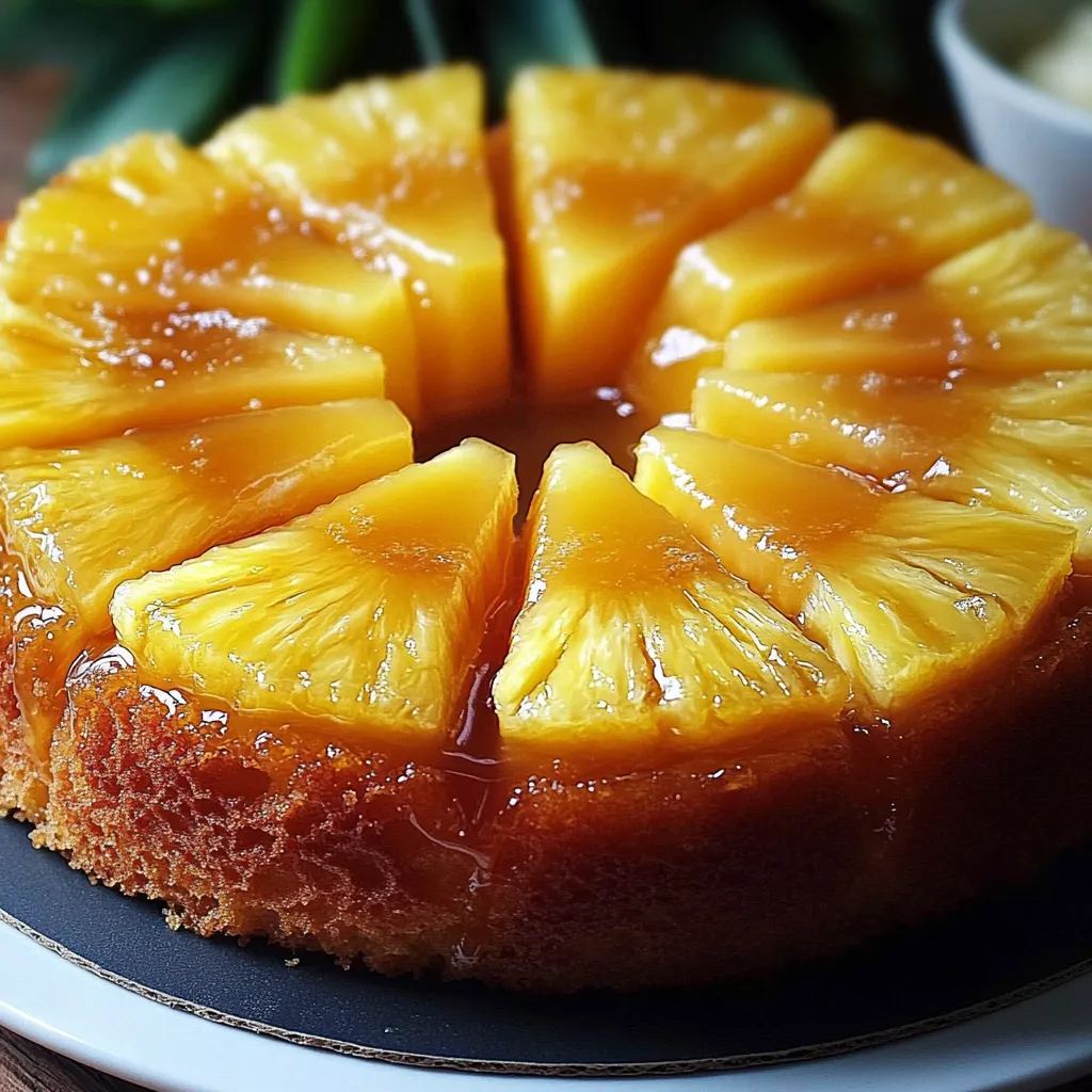Gâteau à l’ananas moelleux et caramélisé, présenté sur une assiette avec une texture dorée et fondante.