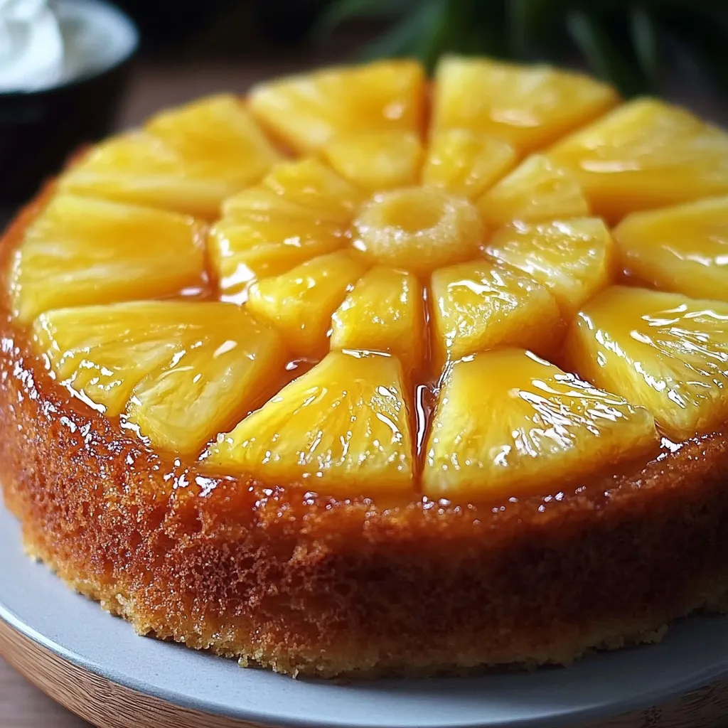 Gâteau à l’ananas moelleux et caramélisé, présenté sur une assiette avec une texture dorée et fondante.