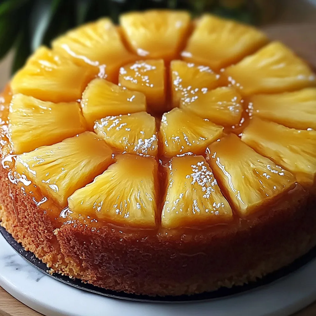 Gâteau à l’ananas moelleux et caramélisé, présenté sur une assiette avec une texture dorée et fondante.