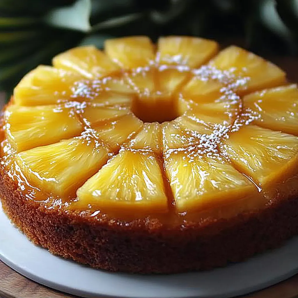 Gâteau à l’ananas moelleux et caramélisé, présenté sur une assiette avec une texture dorée et fondante.