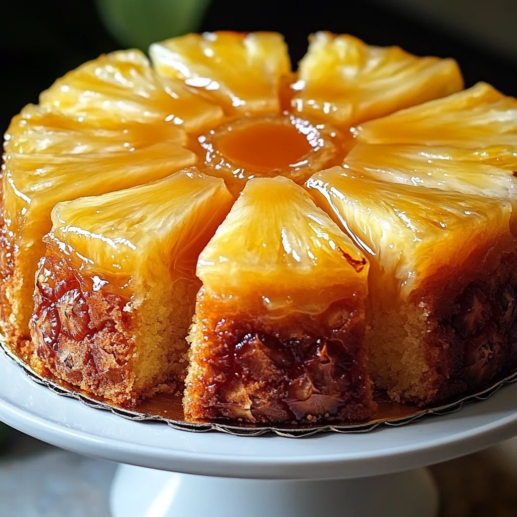 Gâteau à l’ananas doré et caramélisé, présenté sur une assiette avec des tranches d’ananas bien visibles.