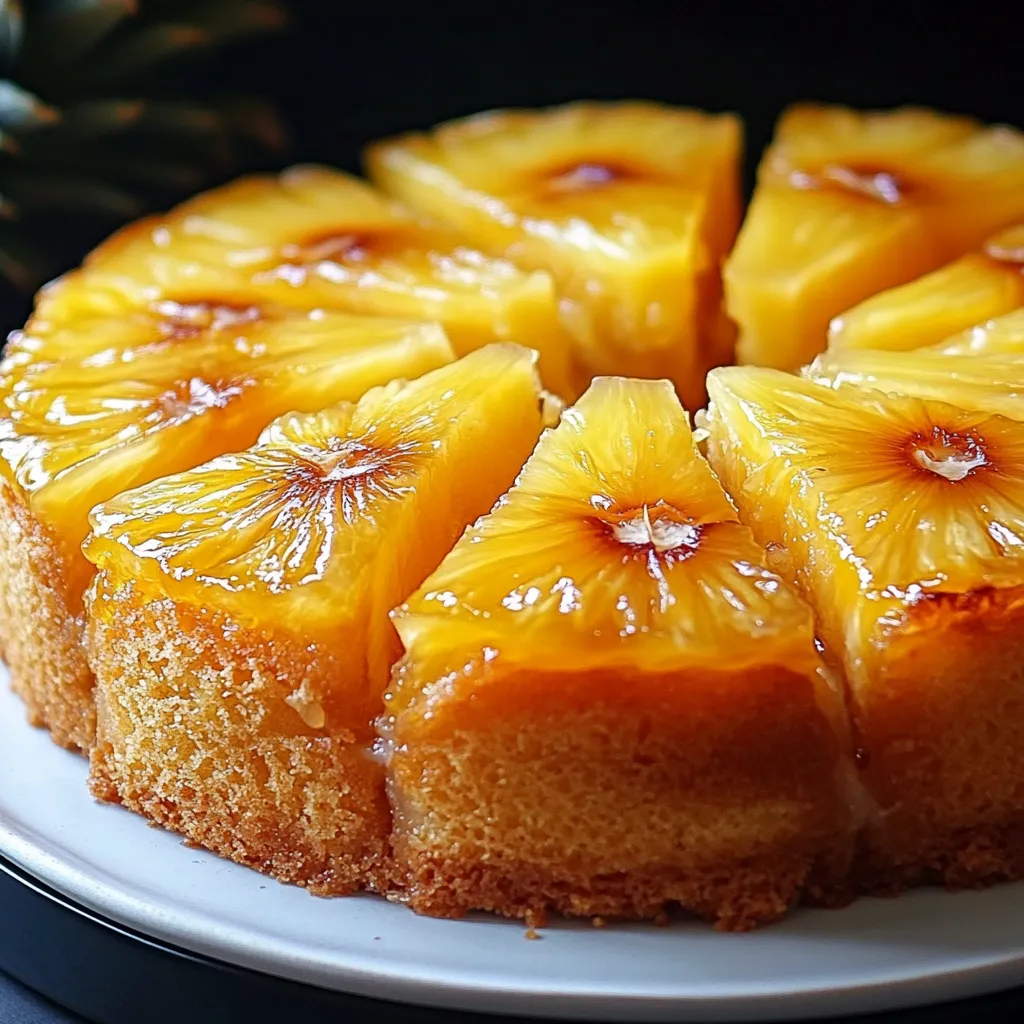 Gâteau à l’ananas doré et caramélisé, présenté sur une assiette avec des tranches d’ananas bien visibles.