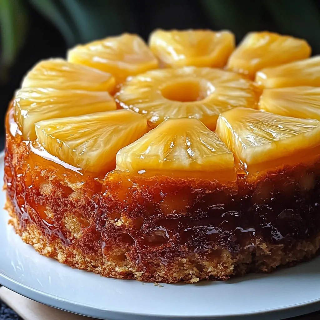 Gâteau à l’ananas doré et caramélisé, présenté sur une assiette avec des tranches d’ananas bien visibles.