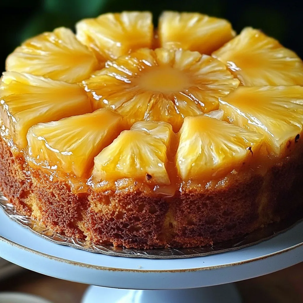Gâteau à l’ananas doré et caramélisé, présenté sur une assiette avec des tranches d’ananas bien visibles.