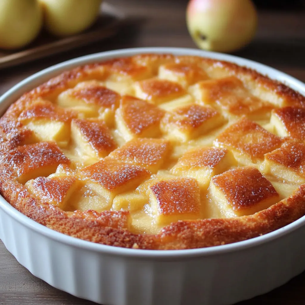 Gâteau aux pommes doré et moelleux, avec des tranches de pommes fondantes, servi sur une assiette en bois rustique.