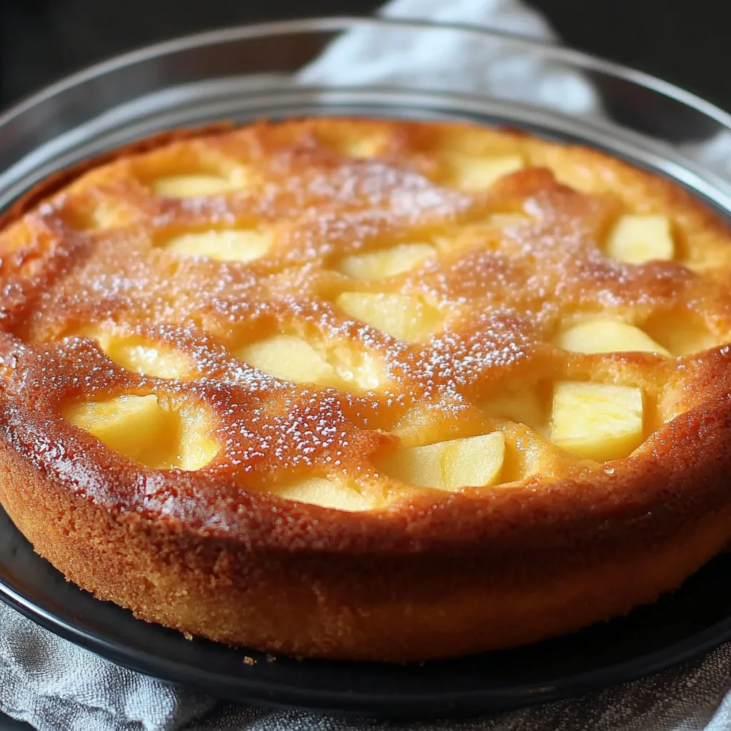 Gâteau aux pommes doré et moelleux, avec des tranches de pommes fondantes, servi sur une assiette en bois rustique.