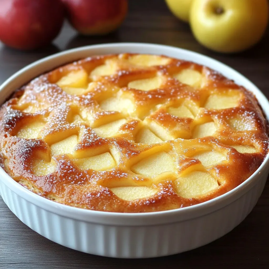 Gâteau aux pommes doré et moelleux, avec des tranches de pommes fondantes, servi sur une assiette en bois rustique.