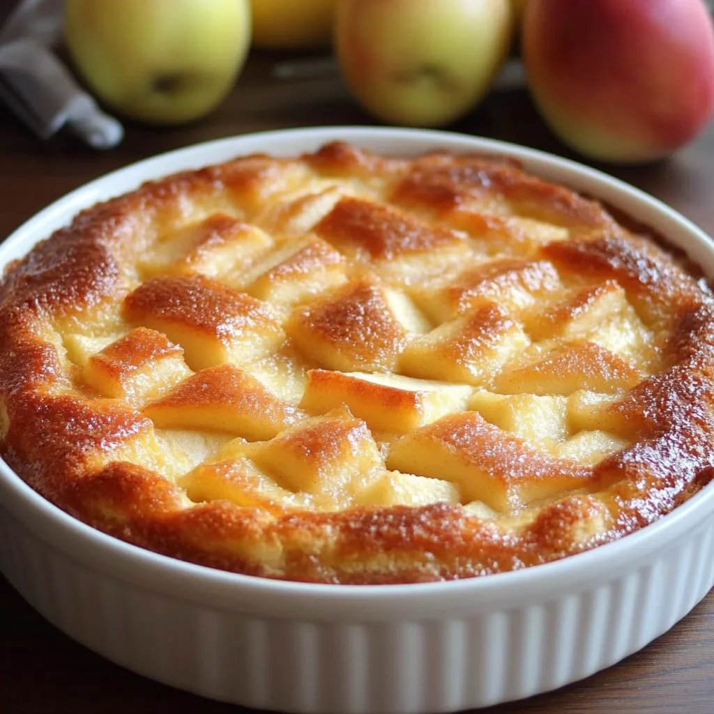 Gâteau aux pommes doré et moelleux, avec des tranches de pommes fondantes, servi sur une assiette en bois rustique.