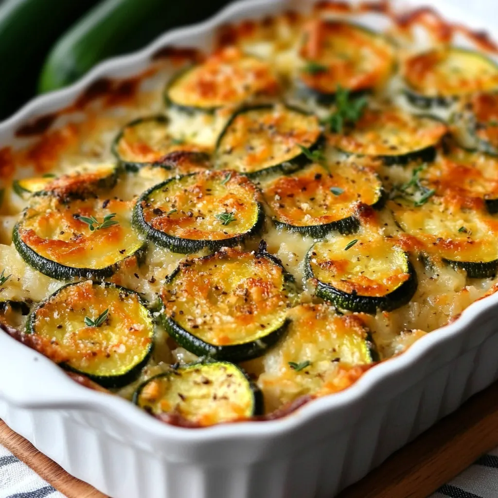 Plat de gratin minceur riz et courgettes, doré au four, servi dans un plat en céramique avec une garniture légère de fromage râpé.
