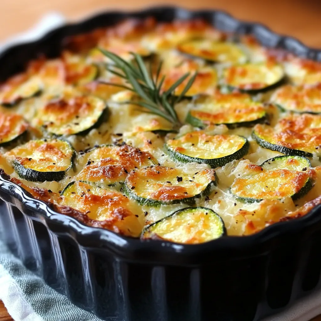 Plat de gratin minceur riz et courgettes, doré au four, servi dans un plat en céramique avec une garniture légère de fromage râpé.