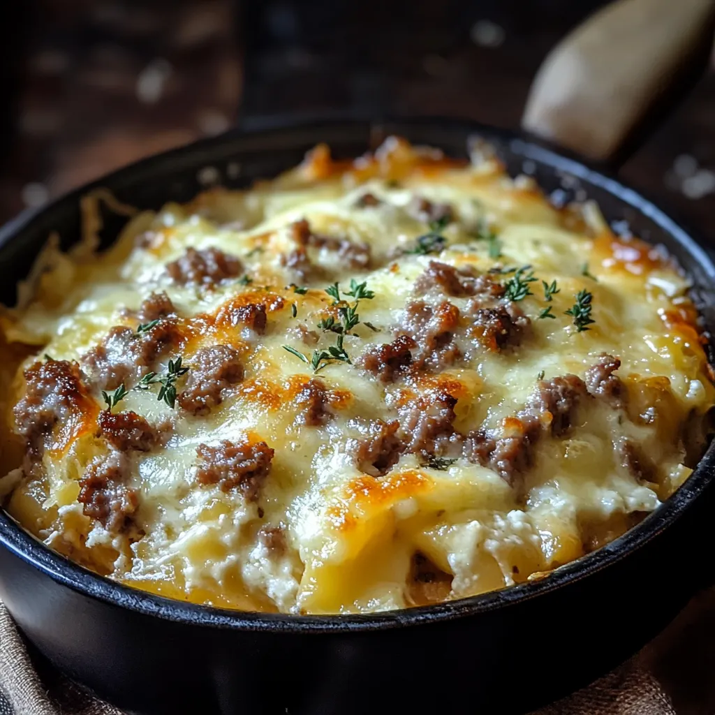 Gratin de coquillettes à la raclette et viande hachée servi chaud avec une croûte dorée et fondante.