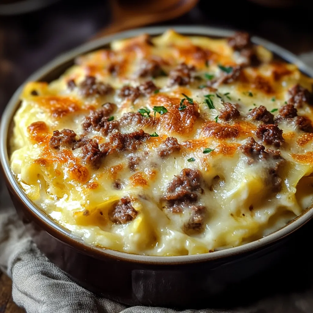 Gratin de coquillettes à la raclette et viande hachée servi chaud avec une croûte dorée et fondante.