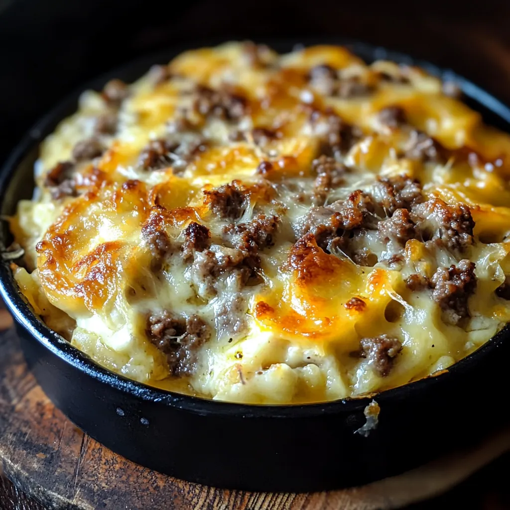 Gratin de coquillettes à la raclette et viande hachée servi chaud avec une croûte dorée et fondante.
