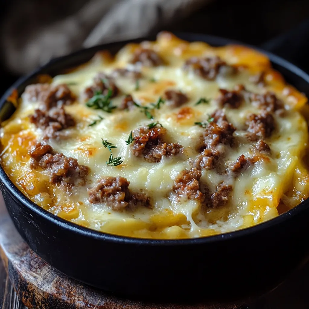 Gratin de coquillettes à la raclette et viande hachée servi chaud avec une croûte dorée et fondante.