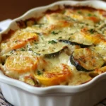 Gratin de légumes doré au four avec pommes de terre, carottes, courgettes et fromage fondu.