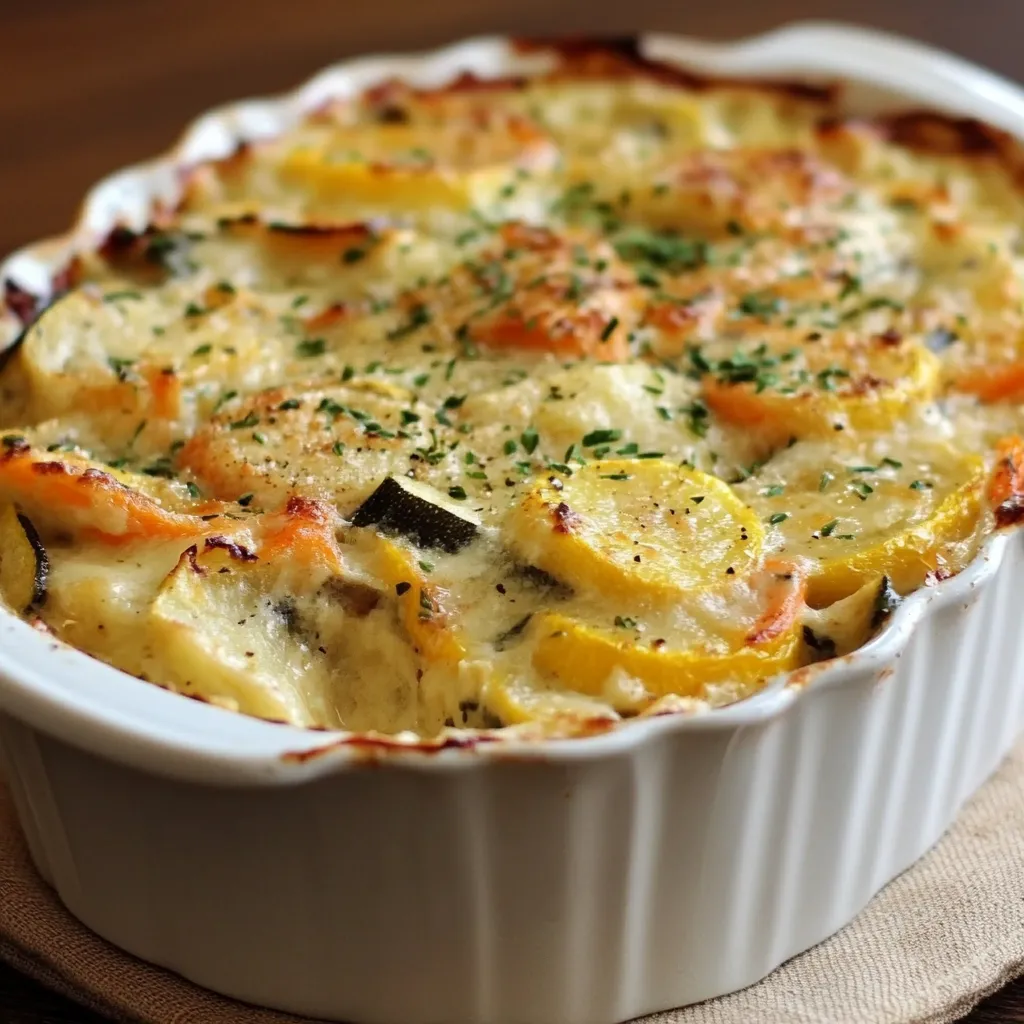 Gratin de légumes doré au four avec pommes de terre, carottes, courgettes et fromage fondu.