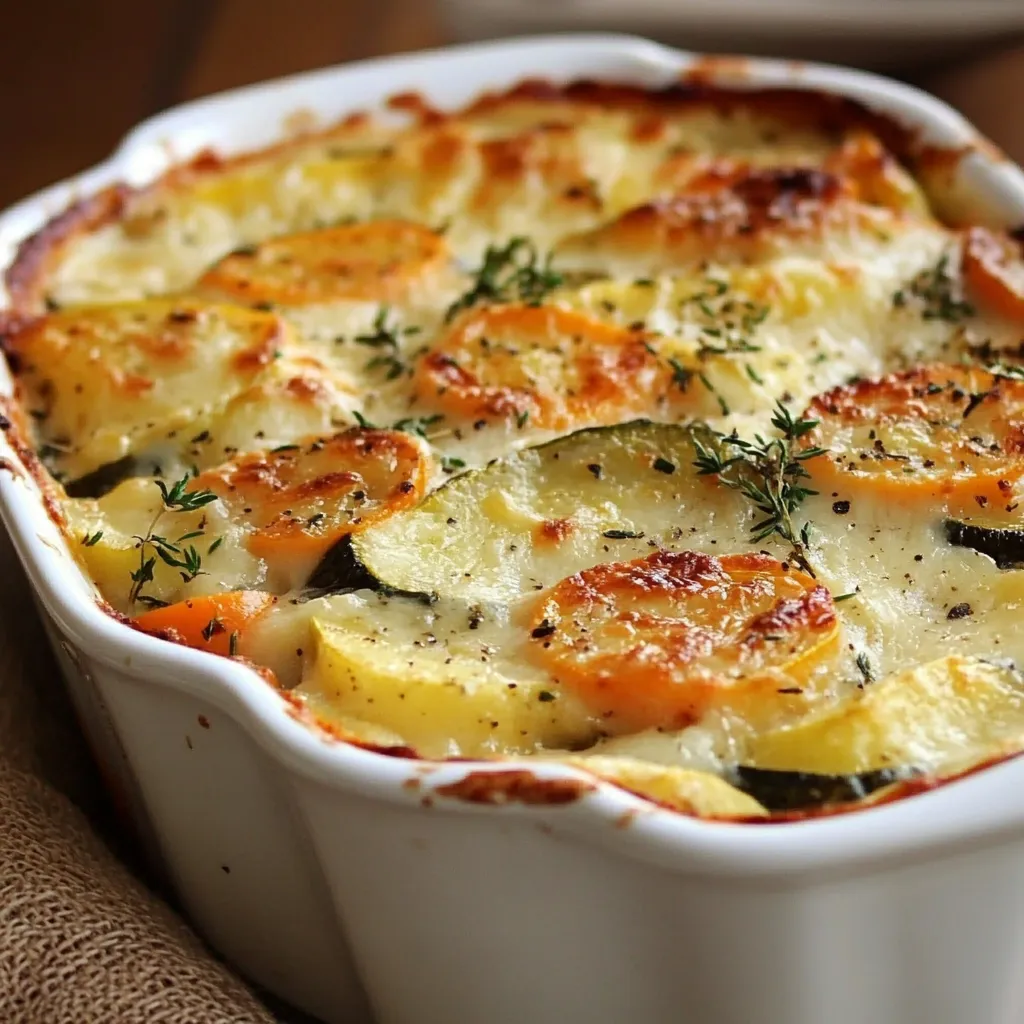 Gratin de légumes doré au four avec pommes de terre, carottes, courgettes et fromage fondu.