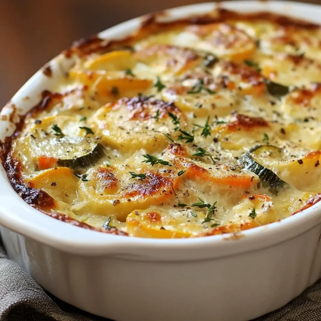 Gratin de légumes doré au four avec pommes de terre, carottes, courgettes et fromage fondu.