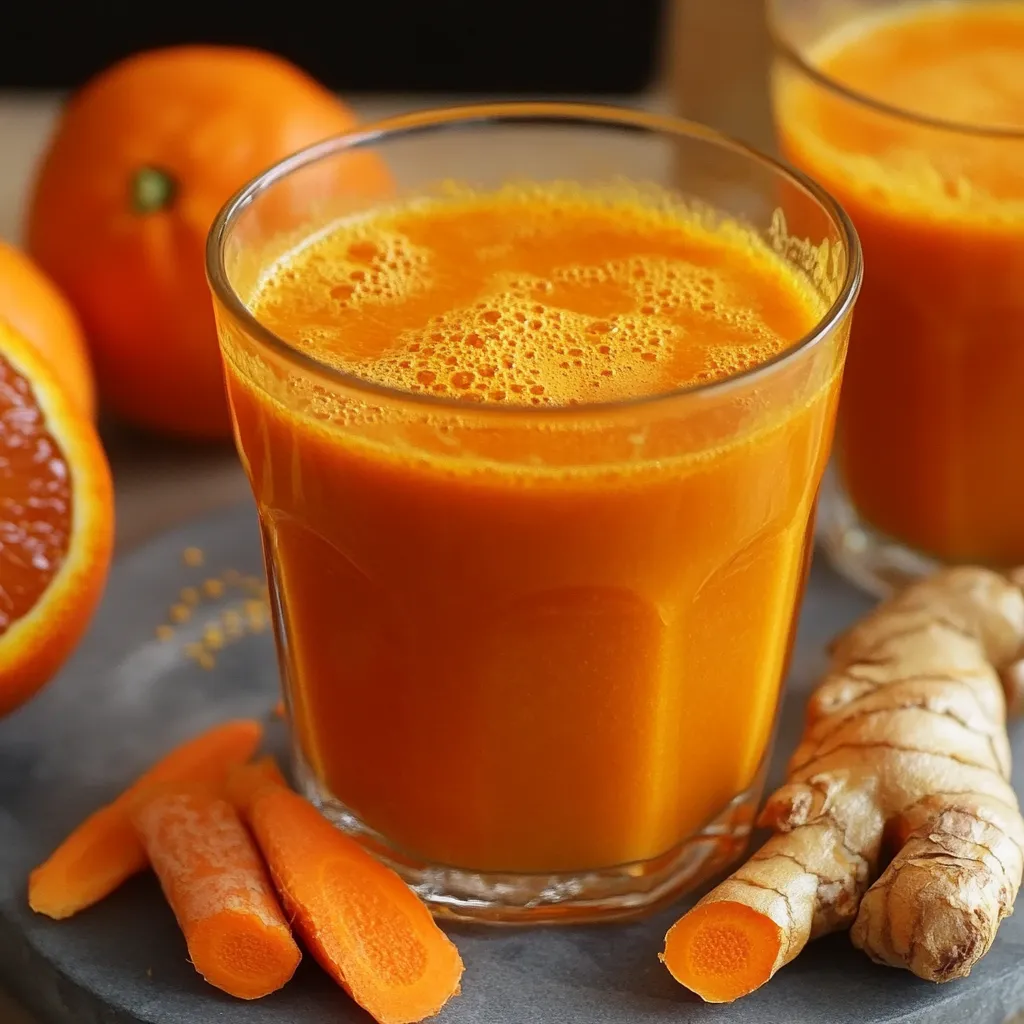 Verre de jus de carotte, orange, curcuma et gingembre avec des ingrédients frais sur une table en bois.