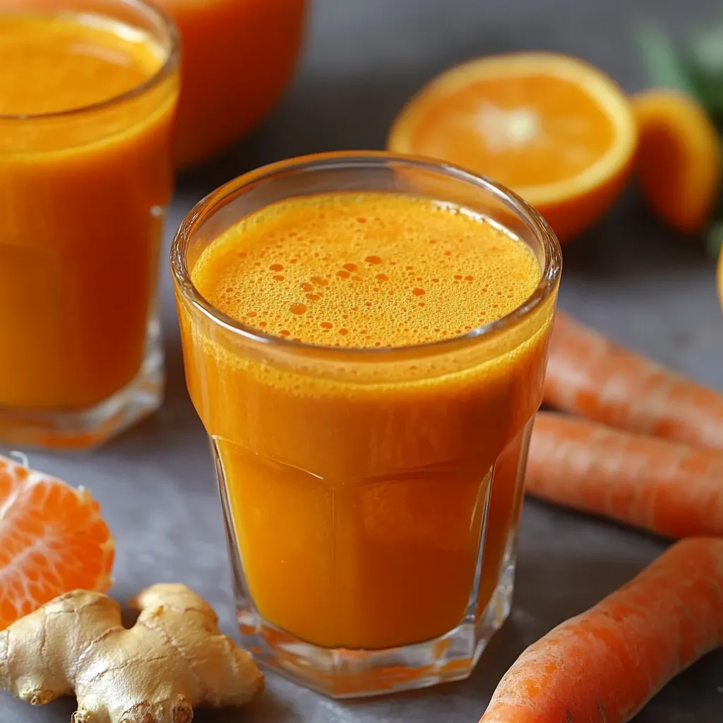Verre de jus de carotte, orange, curcuma et gingembre avec des ingrédients frais sur une table en bois.