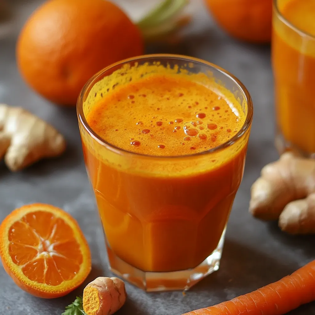 Verre de jus de carotte, orange, curcuma et gingembre avec des ingrédients frais sur une table en bois.