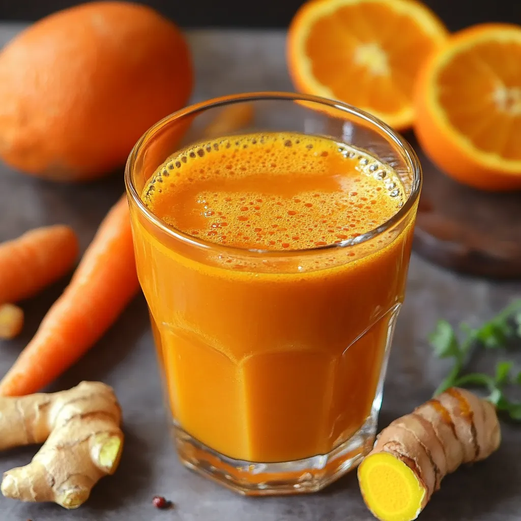 Verre de jus de carotte, orange, curcuma et gingembre avec des ingrédients frais sur une table en bois.