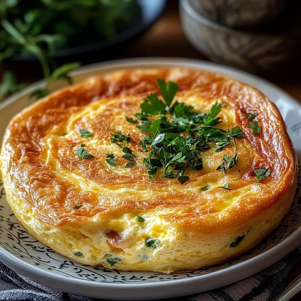Omelette soufflée de la Mère Poulard servie chaude dans une poêle en cuivre, dorée et légère, avec une texture mousseuse.