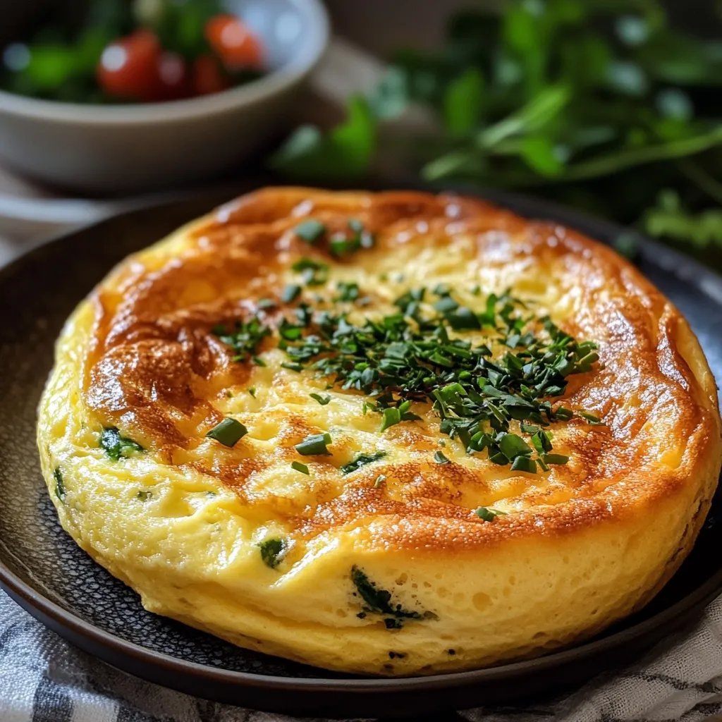 Omelette soufflée de la Mère Poulard servie chaude dans une poêle en cuivre, dorée et légère, avec une texture mousseuse.