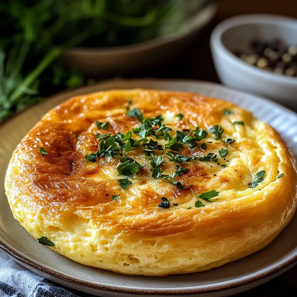 Omelette soufflée de la Mère Poulard servie chaude dans une poêle en cuivre, dorée et légère, avec une texture mousseuse.