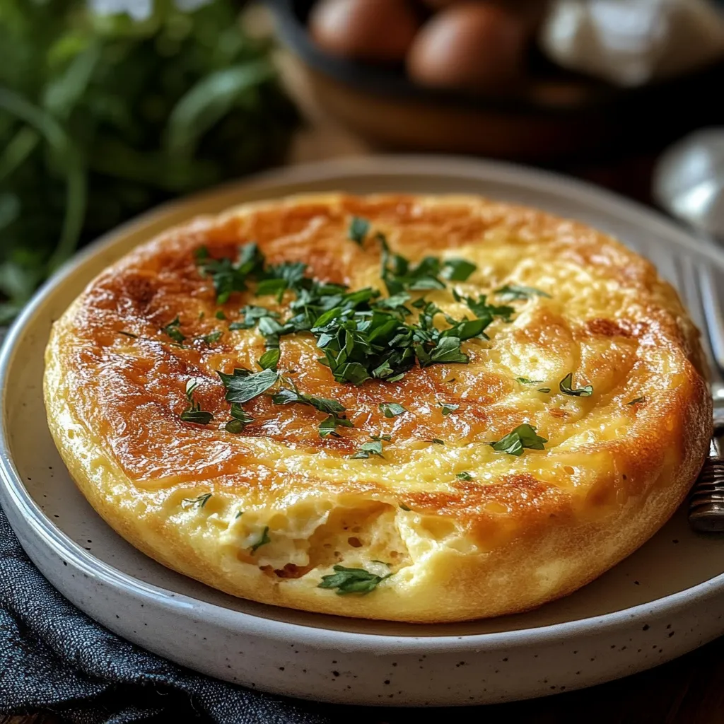 Omelette soufflée de la Mère Poulard servie chaude dans une poêle en cuivre, dorée et légère, avec une texture mousseuse.